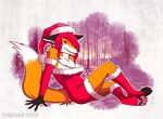  anthro black_nose canine chest_tuft christmas claws clothed clothing ear_piercing female forest fox fur grin hair hat holidays long_hair looking_at_viewer mammal outside piercing pink_eyes pink_hair santa_hat sitting solo tree tuft vyriss vyrissthevixen 