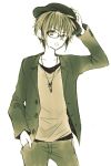  1boy :o anzu_(o6v6o) collarbone cowboy_shot fedora genderswap genderswap_(ftm) glasses gumiya hand_in_pocket hand_on_headwear hat jacket jewelry long_sleeves looking_at_viewer male_focus monochrome pants pendant sepia shirt simple_background solo vocaloid white_background 