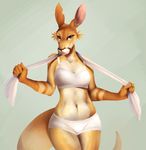  2014 anthro big_ears breasts brown_fur clothed clothing female fur gloves_(marking) hoot kangaroo mammal markings marsupial navel plain_background solo standing thick_tail towel underwear 