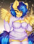  2014 anthro blue_hair breasts brown_eyes christmas christmas_tree cleavage clothed clothing equine fan_character female hair holidays keyhole_turtleneck legwear looking_at_viewer mammal miss-mixi my_little_pony one_eye_closed panties pegasus silvia_windmane snow snowing solo stockings sweater tree underwear wings wink 