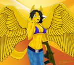  2014 abstract_background belt bikini_top black_hair blue_eyes breasts camo canine clothing female fur gun hair mammal n3xxys navel pants ranged_weapon solo weapon wings yellow_fur 