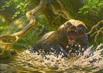  ambiguous_gender badger charging claws creek feral forest looking_at_viewer magic_the_gathering mammal mustelid nature official_art open_mouth outside quadruped raoul_vitale snarling splashing teeth tree 