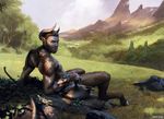  anthro beard bow chase_stone facial_hair hooves horn landscape looking_at_viewer magic_the_gathering male official_art outside reclining satyr solo 