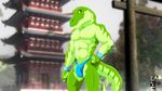  2012 abs anthro biceps bulge clothed clothing dinosaur fabfelipe fangs flexing fundoshi green_skin half-dressed looking_at_viewer male muscles outside pecs pose raised_tail scales scalie smile solo standing teeth toned topless tyrannosaurus_rex underwear yellow_eyes 