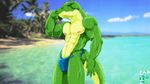  2012 abs alligator anthro biceps bulge clothed clothing eyes_closed fabfelipe flexing half-dressed male muscles nipples outside pecs pose reptile scales scalie smile solo standing toned topless underwear 