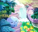  closed_eyes commentary_request fern leaf light_rays lily_pad magikarp naco_oekaki no_humans open_mouth outdoors pokemon pokemon_(creature) pokemon_focus sitting u_u water water_drop waterfall wooper 