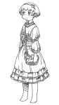  1girl alternate_costume arms_at_sides bag blush closed_mouth dress expressionless frilled_dress frills full_body greyscale hair_ornament hairband heart heart_hair_ornament komeiji_satori long_dress long_sleeves looking_ahead monochrome sash short_hair shoulder_bag simple_background solo spot_color standing touhou uewtsol waist_sash white_background 