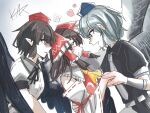  3girls :o alternate_color armband ascot belt bird_girl bird_wings black_hair black_ribbon black_shirt black_trim black_wings blue_eyes blue_hat bow brown_hair commentary_request detached_sleeves dual_persona frilled_bow frilled_hair_tubes frills from_side grabbing_another's_hand hair_bow hair_tubes hakurei_reimu hand_on_another's_back hat heart highres konton_hakusai long_hair long_sleeves multiple_girls neck_ribbon necktie open_mouth parted_lips player_2 pointy_ears puffy_short_sleeves puffy_sleeves red_armband red_bow red_eyes red_hat red_ribbon red_shirt ribbon ribbon-trimmed_sleeves ribbon_trim shameimaru_aya shirt short_hair short_sleeves signature smile squiggle surprised sweatdrop tokin_hat touhou upper_body v-shaped_eyebrows white_belt white_hair white_necktie white_shirt white_sleeves white_trim white_wings wide_sleeves wings yellow_ascot yuri 