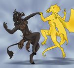  2014 anthro bovine brown_eyes brown_skin cattle claws clothing dancing dogsoul dragon duo female gold_skin hooves horn male mammal scalie shaded smile wings 