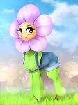  2014 anthro bent_over big_breasts breasts cleavage clothed clothing cloud eyelashes female flora_fauna floriaselle flower grass green_body looking_at_viewer open_mouth orange_eyes outside plant plantpenetrator solo 