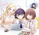  3girls :d azabu_mai blonde_hair blue_cross_tie blue_eyes blunt_bangs blush bob_cut breasts brown_hair center_frills cleavage cleavage_cutout closed_mouth clothing_cutout collarbone collared_shirt colored_speech_bubble commentary_request computer criss-cross_halter cross_tie dark13109 diagonal-striped_clothes diagonal-striped_necktie frilled_shirt frills frown halter_shirt halterneck ikizulive!_love_live!_bluebird inverted_bob ipad konohana_aurora laptop light_bulb love_live! love_live!_school_idol_project medium_breasts multiple_girls necktie open_mouth pink_necktie purple_eyes purple_hair sasaki_shion shirt short_hair smile sonoda_umi speech_bubble spoken_character striped_clothes tablet_pc white_shirt 