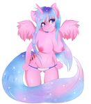  anthro big_breasts bikini blue_eyes breasts clothing cutie_mark equine erect_nipples fan_character feathers female fur hair horn kurikko long_hair looking_at_viewer mammal multicolored_hair my_little_pony navel nekocakeart nipples pink_fur plain_background smile solo standing swimsuit winged_unicorn wings 