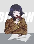  1girl artist_name biting black_hair black_shirt bleach blunt_bangs bob_cut brown_jacket chocolate commentary copyright_name dated food grey_background grey_eyes highres holding holding_chocolate holding_food jacket looking_at_viewer neck_ribbon non7 open_mouth plaid_clothes plaid_jacket ribbon shinigami shirt short_hair sitting solo sui-feng twitter_username yellow_ribbon 