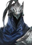  1other aoin armor blue_cloak breastplate cloak covered_face facing_viewer helmet hood hooded_cloak knight original pauldrons plume portrait shoulder_armor simple_background single_pauldron solo white_background 