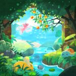  aqua_eyes berry_(pokemon) blue_sky branch closed_eyes closed_mouth commentary_request day dot_mouth fern floating food fruit full_body grass leaf lens_flare leppa_berry lily_pad lying mew_(pokemon) naco_oekaki no_humans nostrils oddish on_back on_stomach outdoors pokemon pokemon_(creature) pokemon_focus poliwag psyduck sky sleeping squirtle tree tree_stump u_u water 