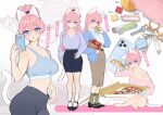  1girl airpods animal_ears armpit_crease bag bare_legs bare_shoulders belt black_bow black_pants black_shoes blue_cardigan blue_eyes blue_shoes blue_skirt blue_sports_bra blush bow bra breasts brown_belt brown_skirt burger candy cardigan cat_ears cat_girl cat_tail cellphone cheese cheese_trail chinese_commentary chinese_text clothes_pull collared_shirt commentary fiodo food footwear_bow full_body green_socks hair_between_eyes hair_intakes heart heart_in_eye high_ponytail highres holding holding_burger holding_food holding_phone indian_style key keyring large_breasts lipgloss_tube long_hair long_skirt long_sleeves looking_at_viewer off-shoulder_shirt off_shoulder open_mouth original pants pants_pull pencil_skirt phone pink_bag pink_bra pink_hair pink_pupils pink_shirt pizza pizza_box pizza_slice ponytail pulling_own_clothes purple_sweater selfie shirt shoes single_off_shoulder sitting skirt sleeves_past_wrists smartphone socks solo_focus sports_bra sweat sweater symbol_in_eye tail test_tube thighs translation_request underwear white_background white_shirt white_socks white_tail wireless_earphones xiao_me 