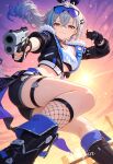  1girl ai-generated bare_legs black_boots black_gloves black_jacket black_shorts blue_hair boots breasts crop_top cropped_jacket drill_hair drill_ponytail earrings fingerless_gloves fishnet_socks fishnets fur_trim gloves gradient_hair grey_eyes grey_hair gun highres holding holding_gun holding_weapon honkai:_star_rail honkai_(series) jacket jewelry long_hair looking_at_viewer multicolored_hair renajin shirt short_shorts shorts silver_wolf_(honkai:_star_rail) small_breasts socks streaked_hair sunglasses thigh_strap thighs weapon white_shirt 