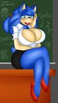  2014 anthro big_breasts blue_hair blush breasts cleavage clothed clothing crossgender female green_eyes hair hedgehog huge_breasts looking_at_viewer mammal sega smile solo sonic_(series) sonic_the_hedgehog supersonicrulaa teacher 