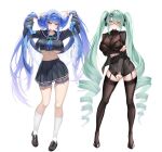  aqua_hair arcana_(fortune_mate)_(nikke) arcana_(nikke) black_bra black_garter_straps black_sailor_collar black_serafuku blue_eyes blue_garter_straps blue_neckerchief bra breast_zipper breasts commentary cropped_shirt fishnet_top fishnets full_body garter_straps goddess_of_victory:_nikke grabbing_own_hair gradient_neckerchief green_neckerchief hair_ornament highres holding_own_hair jacket multicolored_neckerchief navel neckerchief official_alternate_costume paw_hair_ornament pencil_skirt pinstripe_jacket pinstripe_pattern privaty_(nikke) privaty_(sharp_lesson)_(nikke) sailor_collar sami_(ami12702752) school_uniform see-through_cleavage see-through_clothes serafuku shawl simple_background skirt smile striped_clothes striped_jacket thighs underboob underwear untranslatable_commentary vertical-striped_clothes vertical-striped_jacket white_background white_shawl yellow_eyes zipper 