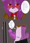  animatronic anthro biting_lip black_pants blush bonnie_(fnaf) bow_tie brown_shirt color comic cute discordmelody five_nights_at_freddy&#039;s fur hair lagomorph machine male mammal masturbation mechanical navel penis purple_fur purple_hair rabbit red_eyes robot 