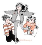  black_pants bomber_jacket character_name closed_mouth cowboy_shot cropped_legs cropped_torso full_body grey_pants highres horns jacket light_blush long_hair lum miyuki_(hoshikuzumiyuki) monochrome multiple_views one_eye_closed open_mouth outstretched_arms pants ponytail red_scarf scarf shirt shoes sidelocks smile sneakers striped_clothes striped_shirt suspenders twitter_username upper_body urusei_yatsura white_background white_shirt white_shoes 