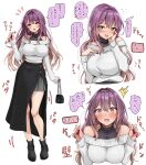  1girl amagi_(amagi626) bag black_boots black_skirt blonde_hair blush boots breasts casual commentary_request contemporary full_body gradient_hair grey_skirt grey_sweater hand_on_own_cheek hand_on_own_face handbag highres hijiri_byakuren holding holding_bag large_breasts long_hair long_sleeves looking_at_viewer multicolored_hair off-shoulder_sweater off_shoulder open_mouth paid_reward_available pleated_skirt purple_hair purple_nails side_slit simple_background skirt smile speech_bubble sweat sweater touhou translation_request variant_set very_long_hair white_background yellow_eyes 