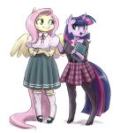 2015 anthro back_wings black_clothing black_topwear blue_eyes book bottomwear bracelet clothing crossed_arms dress duo equid equine female fluttershy_(mlp) footwear friendship_is_magic fur green_bottomwear green_clothing green_skirt hair hand_on_shoulder happy hasbro high_heels holding_book holding_object hoof_hands hooves horn jewelry king-kakapo knee_highs knee_socks legwear long_hair mammal my_little_pony mythological_creature mythological_equine mythology pantyhose pattern_bottomwear pattern_clothing pattern_skirt pegasus pink_blouse pink_hair plaid plaid_bottomwear plaid_clothing plaid_skirt purple_body purple_eyes purple_fur shoes simple_background skirt smile socks topwear twilight_sparkle_(mlp) unguligrade unicorn white_background wings yellow_body yellow_fur