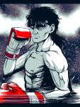  1boy abs boxing boxing_gloves commentary_request frown hatching_(texture) highres lee_(dragon_garou) letterboxed limited_palette male_focus medium_hair motion_lines mullet original punching solo thick_eyebrows toned toned_male topless_male upper_body 