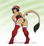  2014 anal anal_penetration anthro balls black_hair blue_eyes brown_hair butt buttplug christmas clothing custome dildo feline girly hair hat holidays kittydee legwear lion male mammal mistletoe penetration penis plant pom_hat pose presenting raised_tail santa_hat sex_toy solo stockings toying_self 