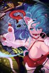  1boy 1girl \m/ animal_ears animal_hands big_hair black_sclera blue_eyes blue_hair blue_skin boots breasts cat_ears cat_girl cat_paws cat_tail claws cleavage colored_sclera colored_skin darkstalkers dress electric_guitar fangs felicia_(darkstalkers) fingerless_gloves fingernails forked_tongue from_above gloves guitar halterneck highres holding holding_instrument holding_microphone instrument large_breasts long_hair long_tongue looking_at_viewer lord_raptor microphone muscular music open_mouth playing_instrument pointing pointing_at_viewer protected_link red_dress rozavamp sharp_fingernails sharp_teeth slit_pupils smile tail teeth tongue tongue_out yellow_eyes zombie 