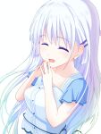  1girl :d \||/ ^_^ absurdres blunt_ends blush center_frills closed_eyes collarbone commentary floating_hair frilled_shirt frills hair_behind_ear hair_between_eyes hair_ornament hairclip hands_up happy highres long_hair naruse_shiroha open_mouth own_hands_together parallel_hairclips shirt short_sleeves sidelocks simple_background smile solo steepled_fingers summer_pockets upper_body very_long_hair wataame_(jvdy4345) white_background white_hair 