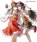  2girls ascot bird_wings bow brown_eyes brown_hair chinese_commentary chinese_text commentary_request detached_sleeves feathered_wings frilled_bow frilled_hair_tubes frilled_skirt frills geta hair_bow hair_tubes hakurei_reimu hat highres leaf_print leg_up long_hair maple_leaf_print multiple_girls ni_ao open_mouth pointy_ears pom_pom_(clothes) red_bow red_eyes red_hat red_shoes red_skirt ribbon-trimmed_sleeves ribbon_trim shameimaru_aya shirt shoes short_hair short_sleeves simple_background skirt skirt_set smile socks tengu-geta tokin_hat touhou translation_request white_background white_shirt white_socks wings yellow_ascot 