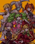 5girls a.i._voice adachi_rei aigis_(persona) android axe black_shirt blonde_hair blue_eyes bonnet bow bowtie cable character_name closed_mouth commentary_request copyright_name crossover cup ddunnaaaaa demon_horns dress drill_hair expressionless falulu green_bow green_bowtie green_hair grey_eyes hairband headlamp headphones highres holding holding_axe holding_cup horns idol_clothes jacket joints korean_commentary linie_(sousou_no_frieren) lolita_fashion long_hair long_sleeves looking_at_viewer magearna mechabare multiple_crossover multiple_girls open_clothes open_jacket orange_eyes orange_hair persona persona_3 pink_dress pink_eyes pink_hair pokemon pretty_series pripara purple_eyes radio_antenna red_dress robot robot_joints rozen_maiden shinku shirt short_hair sousou_no_frieren standing teacup tiara trait_connection translation_request twintails utau very_long_hair white_jacket 
