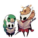 1:1 2_horns ambiguous_gender anthro arthopod biped black_body black_eyes blue_cloak blue_clothing brown_body brown_fur cloak clothed clothing empty_eyes female_(lore) feral flea_(hollow_knight:_silksong) fur gorusiti green_body group grub_(hollow_knight) half_sister_(lore) hi_res holding_map hollow_knight:_silksong hollow_knight_(franchise) horn hornet_(hollow_knight) map melee_weapon nail_(weapon) open_mouth open_smile red_cloak red_clothing sibling_(lore) simple_background sister_(lore) smile standing team_cherry the_knight_(hollow_knight) vessel_(species) weapon weapon_on_back white_background