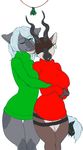  antelope anthro breasts clothed clothing cuddling duo ear_nibble ear_piercing female hair horn interspecies khana_liis kirin lesbian mammal mistletoe niis one_eye_closed piercing plant standing wide_hips zen_taimat 