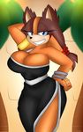  2014 anthro badger big_breasts breasts cleavage clothed clothing female huge_breasts looking_at_viewer mammal mustelid sega smile solo sonic_(series) sonic_boom sticks_the_jungle_badger supersonicrulaa 