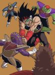  5boys alien armor bardock black_eyes black_hair brown_background commentary_request dragon_ball dragon_ball_z fighting headband highres hip_armor horns lee_(dragon_garou) male_focus multiple_boys muscular muscular_male red_headband saiyan_armor scar scar_on_cheek scar_on_face scouter shoulder_armor 