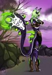  2014 anthro back ear_piercing eliana-asato female fur glowing green_eyes green_hair hair jackthekipper lake magic_user mountain natalie_virus nature outside piercing purple_fur rear_view shaman sky standing stones tribal_spellcaster 