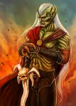  1boy abs black_pants bracer cape claws colored_pencil_(medium) commentary commission cowboy_shot english_commentary exoskeleton grey_background highres holding holding_sword holding_weapon kain_(legacy_of_kain) legacy_of_kain long_hair looking_at_viewer m2aster male_focus muscular muscular_male orange_background pants planted planted_sword red_background red_cape signature skull soul_reaver_(sword) standing sword topless_male traditional_media vampire weapon white_hair yellow_eyes 