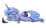 2015 alternate_form back_wings blue_body blue_eyeshadow blue_fur blue_hair blue_tail bodily_fluids crescent_moon crown crying cutie_mark dated equid equine eyes_closed eyeshadow female feral friendship_is_magic fur hair hasbro headgear horn king-kakapo lying makeup mammal moon my_little_pony mythological_creature mythological_equine mythology on_front princess_luna_(mlp) sad simple_background solo tail tears white_background winged_unicorn wings
