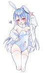  1girl absurdres animal_ears blue_hair blush breasts clothing_cutout cropped_legs fake_animal_ears fang hand_on_own_ear hand_on_own_hip highres hololive ichigousagi jacket leotard long_hair looking_at_viewer navel navel_cutout open_mouth playboy_bunny rabbit-shaped_pupils rabbit_ears rabbit_tail simple_background solo squiggle strapless strapless_leotard symbol-shaped_pupils tail thighhighs usada_pekora virtual_youtuber white_background white_jacket white_thighhighs 