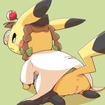  2014 all_fours anus blush bow brown_hair clothed clothing cosplay_pikachu_(species) crepix female feral green_background hair nintendo pikachu plain_background pok&eacute;ball pok&eacute;mon pussy solo video_games 