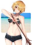  1girl absurdres beach bikini bikini_top_only bokken breasts brown_hair commentary_request hair_over_eyes hair_over_one_eye heaven_burns_red highres kayamori_ruka looking_at_viewer medium_breasts natsuki_(muravito) navel one_eye_covered pantylines red_eyes short_hair shorts stomach striped_bikini striped_clothes swimsuit sword weapon wooden_sword 