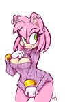  2014 absurd_res amy_rose anthro breasts cleavage clothed clothing digital_media_(artwork) ear_piercing female fur gloves green_eyes hair hedgehog hi_res kayla-na keyhole_turtleneck looking_at_viewer mammal piercing pink_fur pink_hair plain_background ring sega solo sonic_(series) sweater tongue tongue_out white_background 
