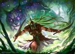  armor charging feline female feral fighter forest glowing glowing_eyes holding_weapon human low-angle_shot lynx magic magic_the_gathering mammal mathias_kollros nature official_art outside solo star summoning tree weapon 