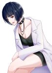  1girl blue_hair choker collar doctor highres jewelry kureha_jhsh lab_coat naked_lab_coat necklace persona persona_5 persona_5_the_royal red_eyes solo spiked_choker spikes studded_choker studded_collar takemi_tae 