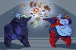  alien asari belly big_belly big_breasts blue_skin breasts cleavage clothed clothing duo eating female food huge_breasts idle-minded mass_effect morbidly_obese navel overweight slob stuffing video_games weight_gain xeno 