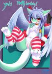  &lt;3 2014 anthro anus blue_hair blush breasts chest_tuft ear_piercing english_text feathered_wings feathers female fur green_fur hair legwear nipples nude piercing pussy solo striped_legwear text tuft unknown_species white_fur wings wolflong 