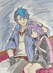  1boy 1girl absurdres black_hair blue_eyes bob_cut collarbone colored_pencil_(medium) couch crossed_bangs dog_tags double-parted_bangs eiyuu_densetsu fur-trimmed_collar fur_trim gloves hair_between_eyes hair_slicked_back headpat highres jacket jorda_eldarion kuro_no_kiseki_(series) kuro_no_kiseki_ii long_sleeves multicolored_hair parted_lips purple_eyes purple_hair single_glove sitting smile streaked_hair takuu_(seadog6662) traditional_media two-tone_hair van_arkride 