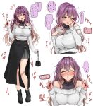  1girl amagi_(amagi626) bag black_boots black_skirt blonde_hair blush boots breasts casual closed_eyes commentary_request contemporary facing_viewer full_body gradient_hair grey_skirt grey_sweater hand_on_own_cheek hand_on_own_face handbag highres hijiri_byakuren holding holding_bag large_breasts long_hair long_sleeves looking_at_viewer multicolored_hair off-shoulder_sweater off_shoulder paid_reward_available pleated_skirt purple_hair purple_nails side_slit simple_background skirt smile speech_bubble sweater touhou translation_request variant_set very_long_hair white_background yellow_eyes 